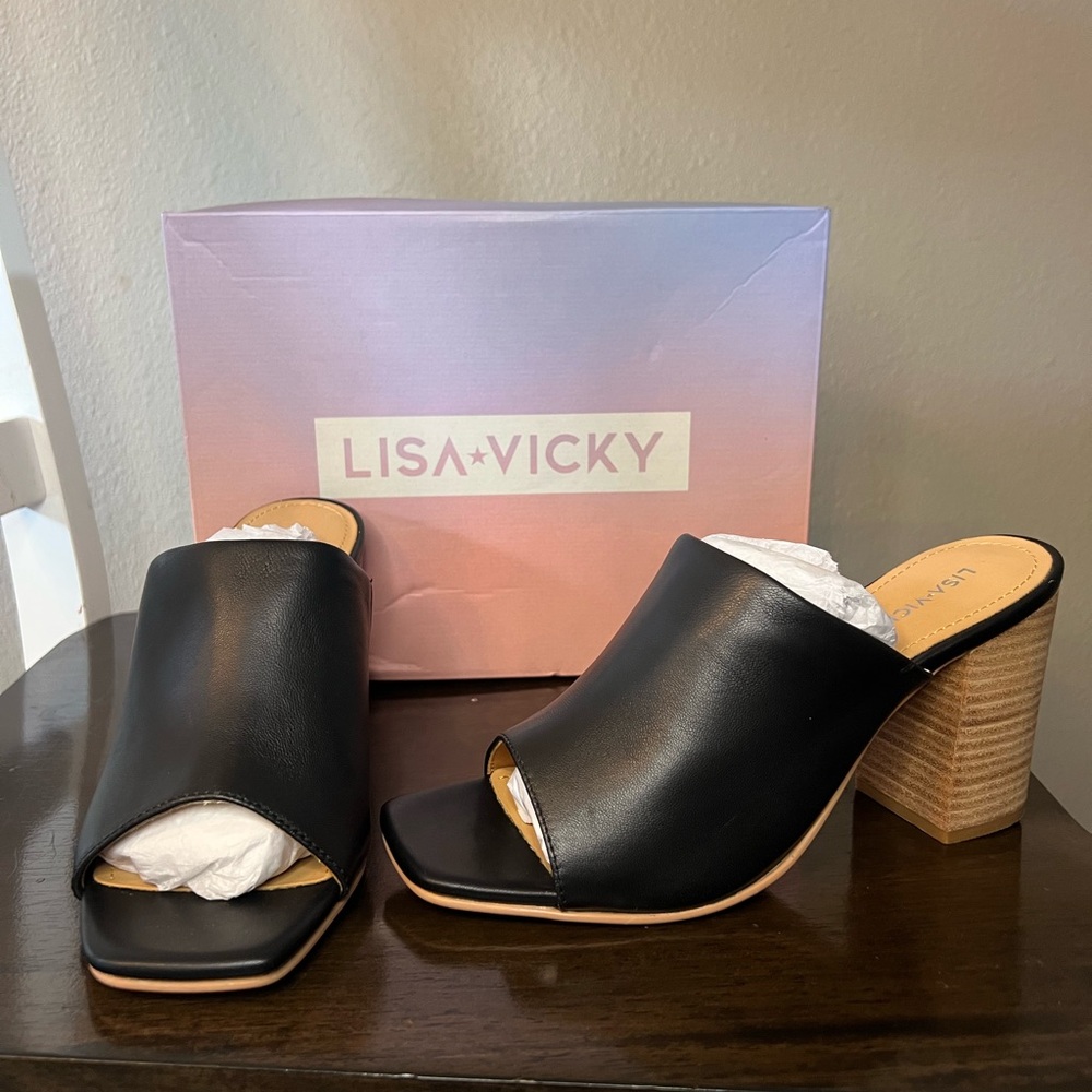 👠 NWT Lisa Vicky Black Leather Mules Sz 8.5